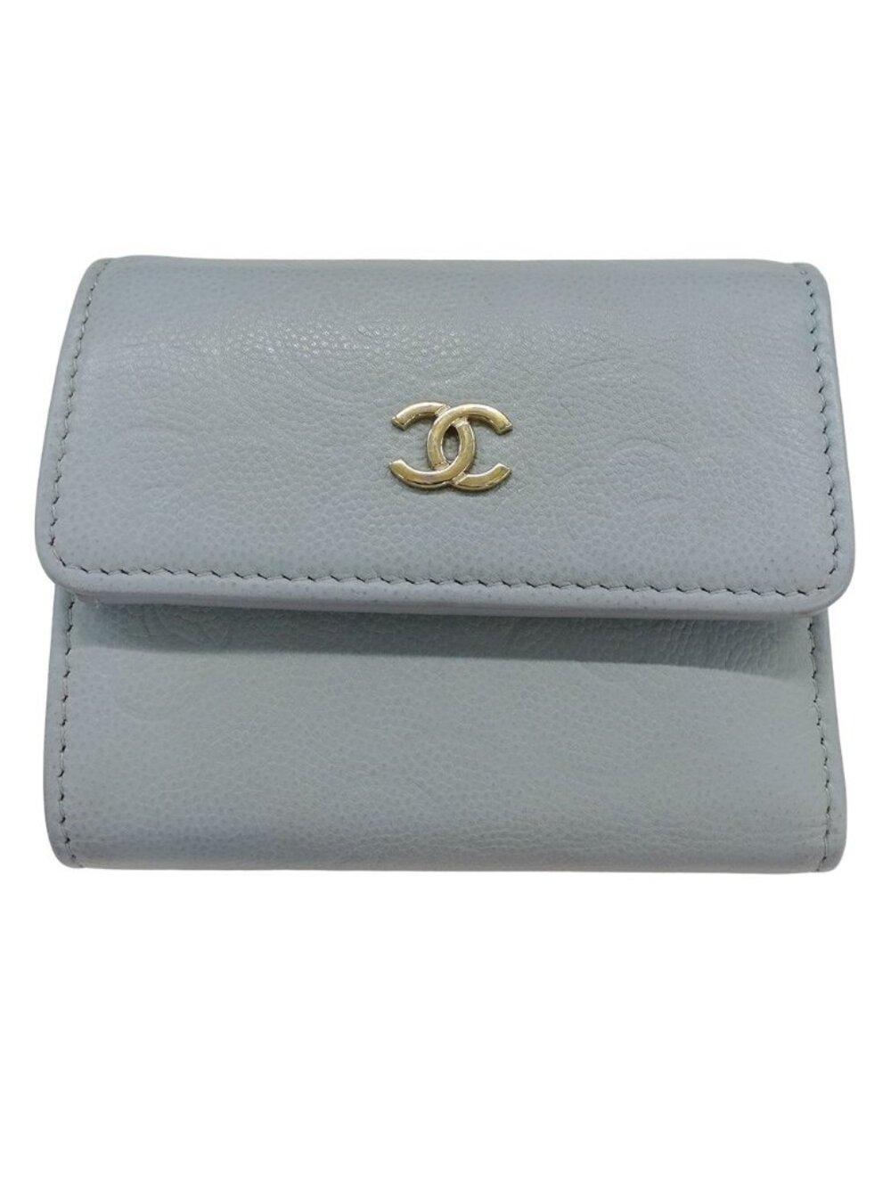 Chanel Wallet Trifold Caviar Leather Camellia Light Blue Gold Compact